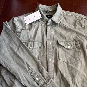 Zara Shirt (L)  - Western Pearl Snap Button Up - army green